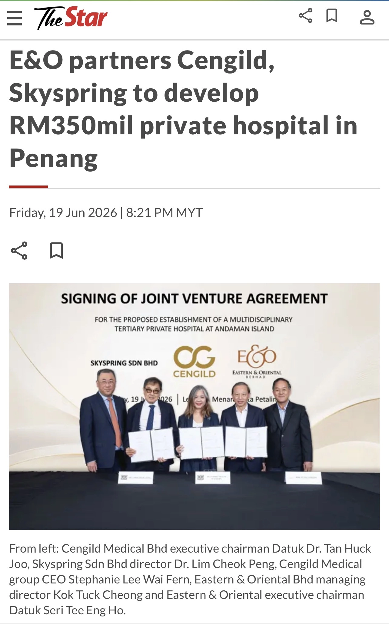 E&O partners Cengild, Skyspring to develop RM350mil private hospital in Penang